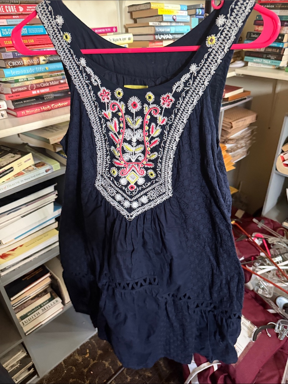 Embroidered Navy Sleeveless Tunic Dress - Women